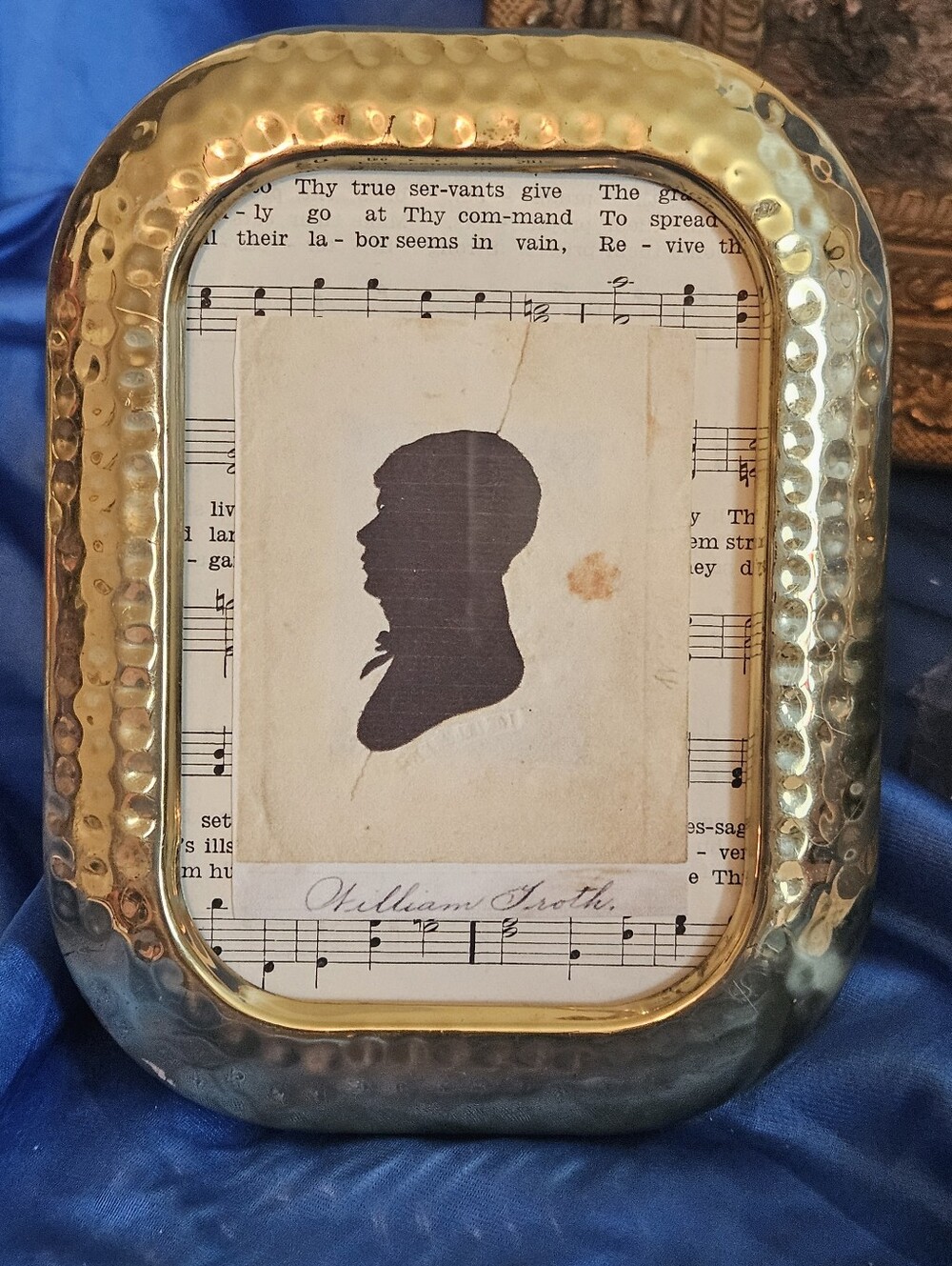 Vintage Style Silhouette Portrait Framed in Embossed, Hammered Metal Border